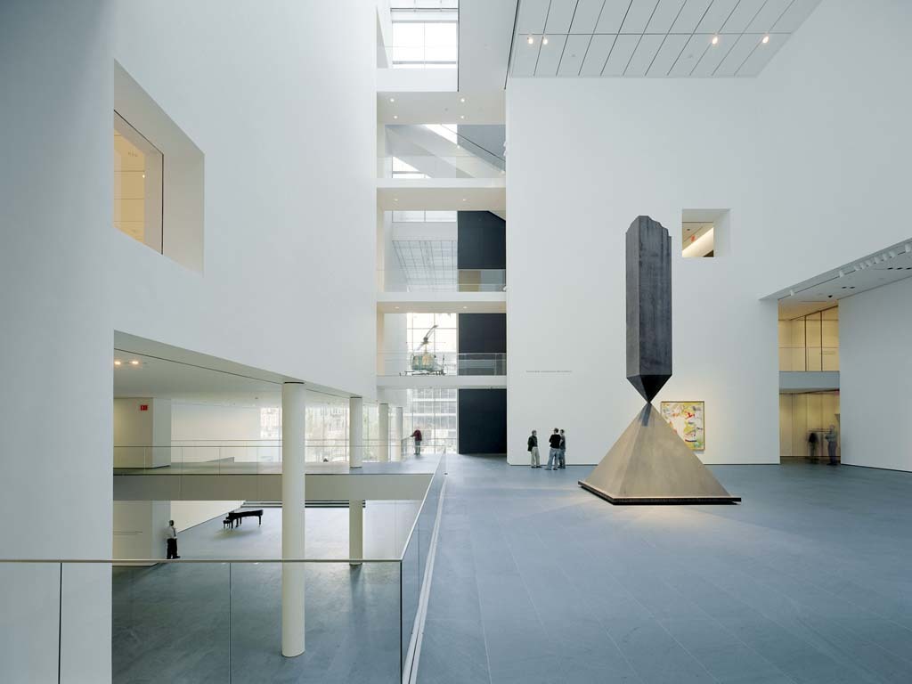 The Museum of Modern Art, designed by Yoshio Taniguchi. The Donald B. and Catherine C. Marron Atrium looking east towards 5th Avenue with Barnett Newmanâ€™s, Broken Obelisk (1963-69) and Willem de Kooningâ€™s, Pirate (Untitled II) (1981). (c) 2004 Timothy Hursley.

Barnett Newman
Broken Obelisk, 1963-69
Cor-Ten steel
24â€™ 10â€ x 10â€™ 11â€ x 10â€™ 11â€ (749.9 x 318.8 x 318.8 cm)
Given anonymously.
Â© 2004 Barnett Newman Foundation / Artists Rights Society (ARS), New York

Willem de Kooning
Pirate (Untitled II), 1981
Oil on Canvas
7â€™ 4â€ x 6â€™ 4 Â¾â€ (223.4 x 194.4 cm)
Sidney and Harriet Janis Collection Fund
Â© 2004 The Willem de Kooning Foundation / Artists Rights Society (ARS), New York