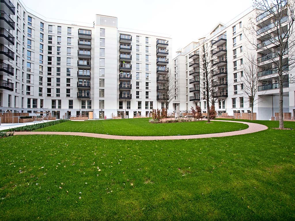 A view of the courtyard of block on the Athletes' Village on the Olympic Park. Picture David Poultney @ LOCOG